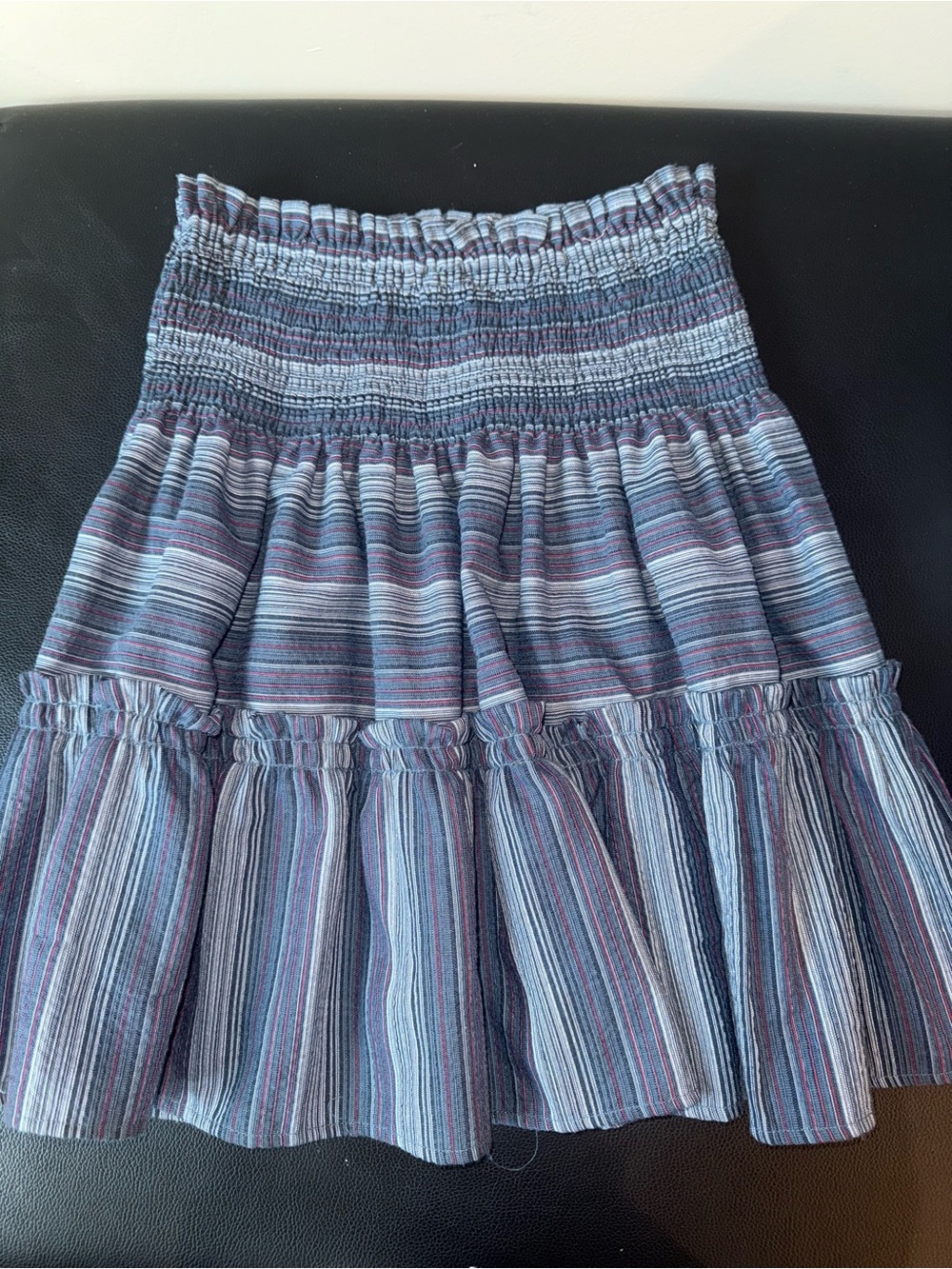 Smocked Tiered Skirt in Blue and Gray Stripe